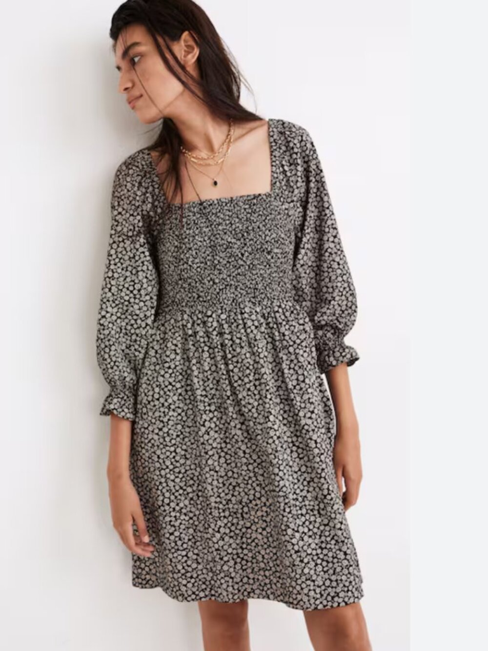 Madewell Lucie Elbow-Sleeve Smocked Mini Dress in Parisian Ditsy print Size 3x